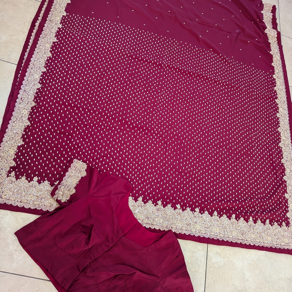 Beautiful Maroon and Gold Crepe Saree with Blouse